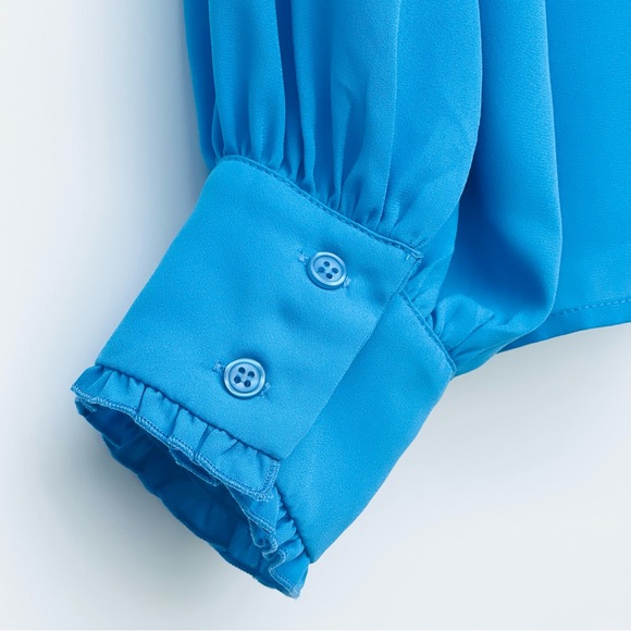 New York & Company Chiffon Blouse Tie-Up Bow Ruffle Neck Women XL Long S… - Picture 2 of 11